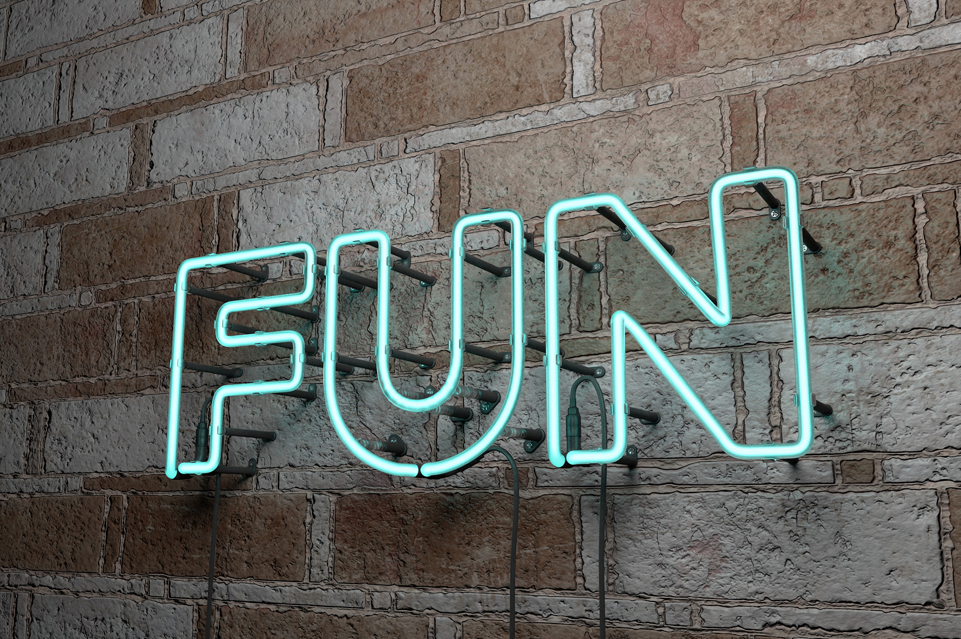 FUN - Glowing Neon Sign on stonework wall - 3D rendered royalty free stock illustration.  Can be used for online banner ads and direct mailers.